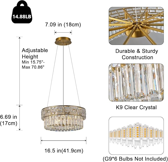 Crystal Chandelier, 16.5" 6-Light Gold Chandelier - Image 2