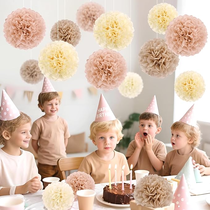 EASY JOY Boho Tissue Pom Poms Paper Flowers Hanging Decorations Brown Beige - Image 7