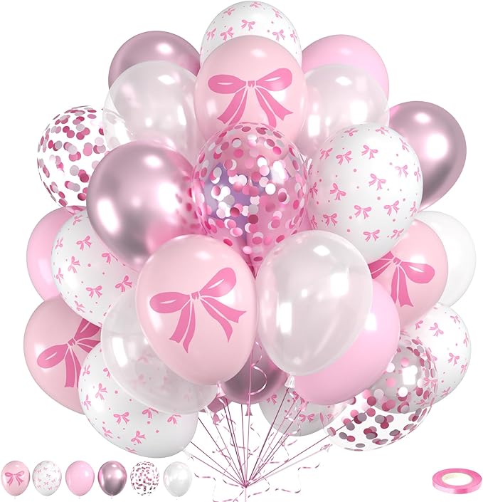 Pink Bow Latex Balloons, Bow Printed Balloon Metallic Confetti Balloon by Saxuxu
