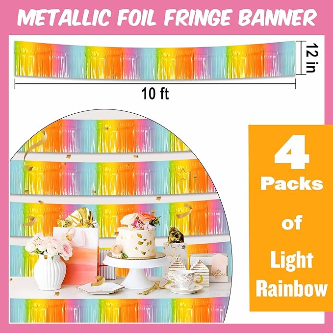 4 Pack 10 Ft Light Rainbow Foil Fringe Garland Metallic Streamers Tinsel Banner - Image 2