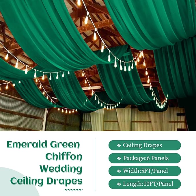 6 Panels Emerald Green Wedding Ceiling Drapes 5ftx10ft Ceiling Drapes Chiffon - Image 3