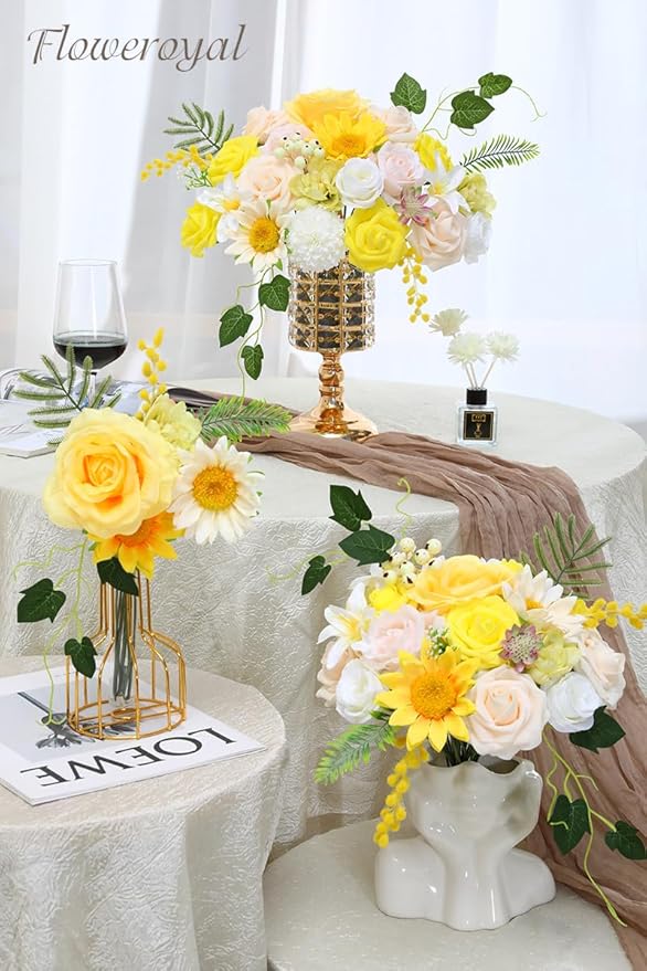 Floweroyal Artificial Flowers Combo Yellow Flowers Mix Silk Flowers Fake Roses - Image 4
