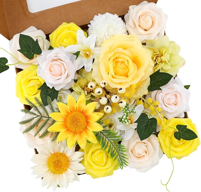 Floweroyal Artificial Flowers Combo Yellow Flowers Mix Silk Flowers Fake Roses by FloweroyalCrafts