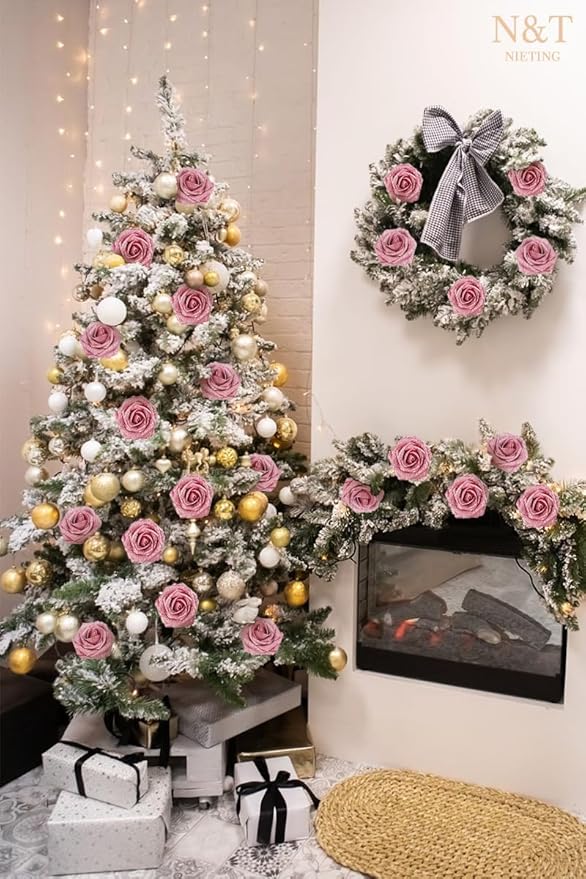 N&T NIETING Artificial Flowers Glowing Dark Pink Flowers Foam 25pcs Glitter - Image 7