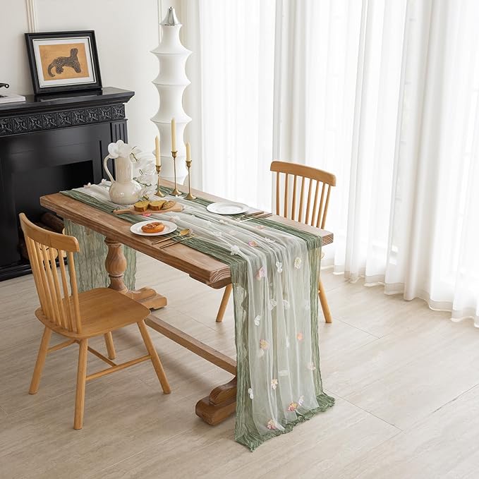 Romantic Artificial Floral Table Runner 10ft Gauze Tulle Lace Table Runner Set - Image 2