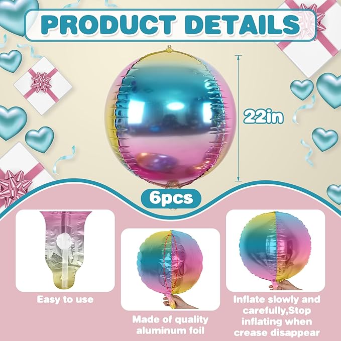 6Pcs Gradient Rainbow Round Foil Balloons, Giant 4D Round Ball Balloon 22 Inch - Image 2