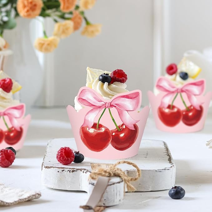 36Pcs Pink Bow Cherry Cupcake Wrappers Pink Red Bowknot Cherry Cupcake Liners - Image 3