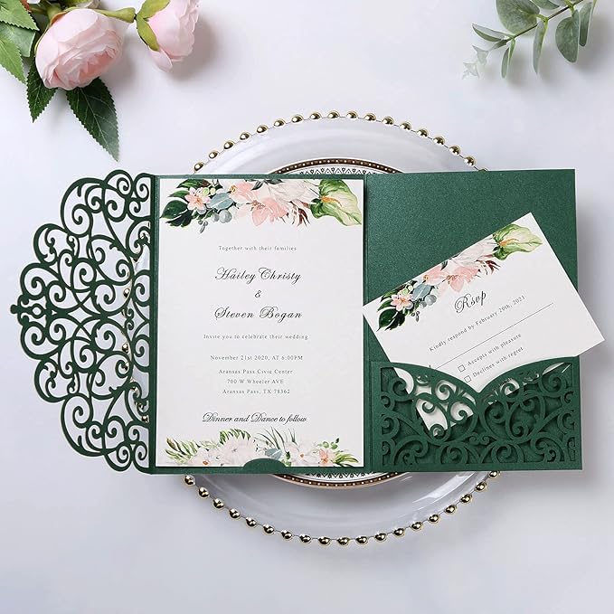 PONATIA 5.12 x 7.2 Emerald Green Laser Cut Invitation Cards - Image 2