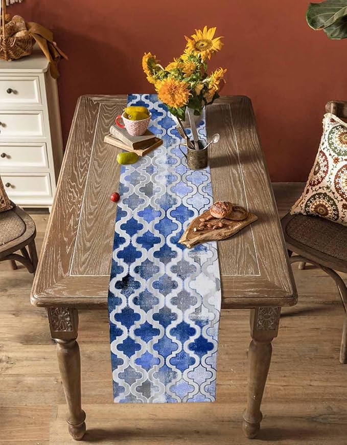 Blue Morocco Plaid Cotton Linen Table Runner - Image 4
