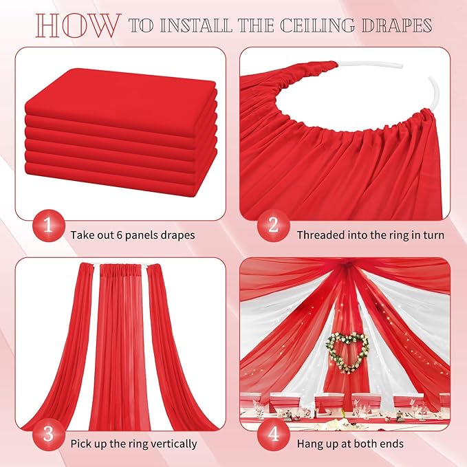 6 Panels Red Ceiling Drapes for Wedding 5ftx10ft Chiffon Fabric Arch Draping - Image 4