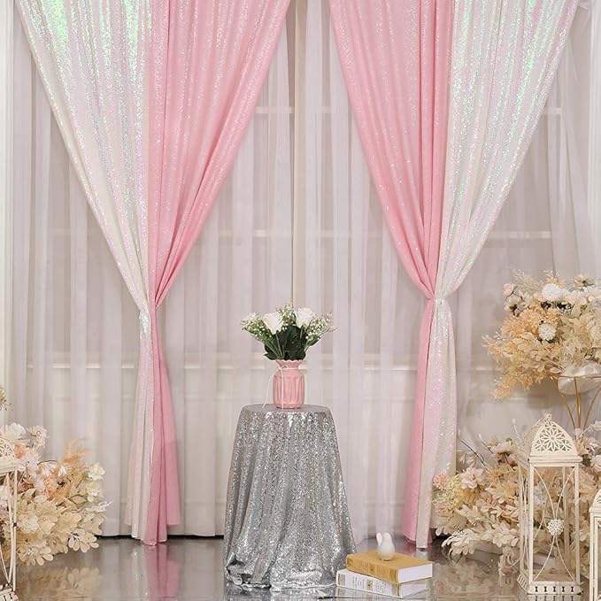 SquarePie Sequin Curtain 2FT x 8FT Pink 2pcs Backdrop Sparkly Wedding - Image 5