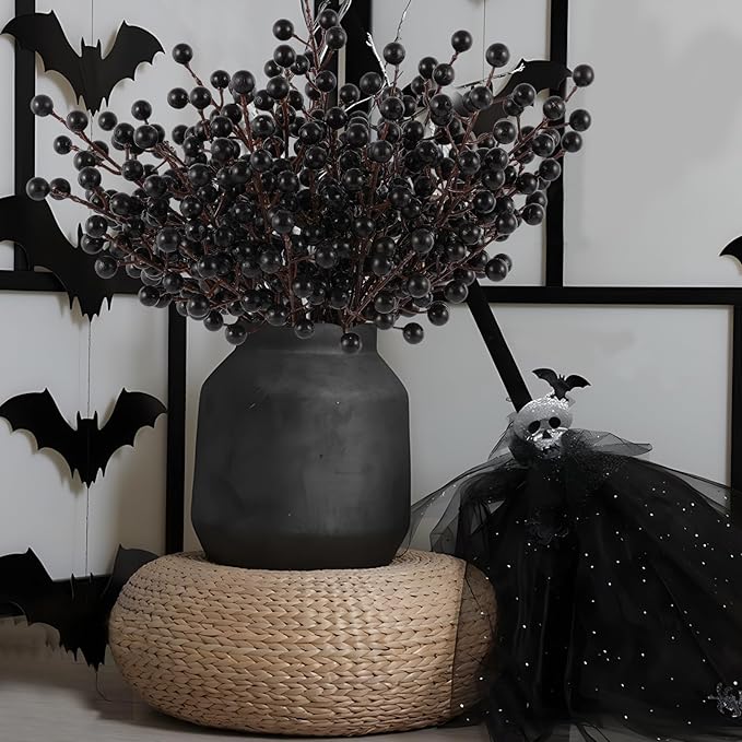 40 Pcs Artificial Berry Stems Branches, Halloween Black Faux Holly Berries - Image 4
