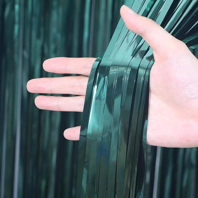 3 Pack 3.3 x 6.6 ft Dark Green Foil Fringe Backdrop Curtains, Tinsel Streamers - Image 2