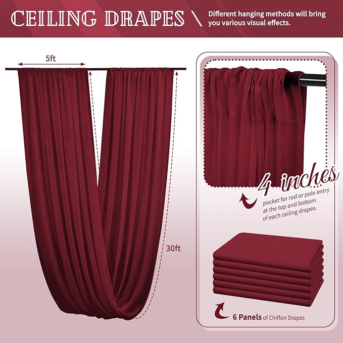 6 Panels Burgundy Ceiling Drapes - Image 2