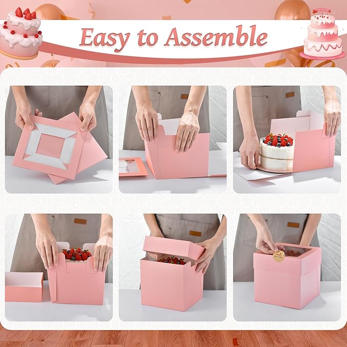 12Pcs Cake Boxes, Large Pink Disposable Tier Cake Containers - Image 4