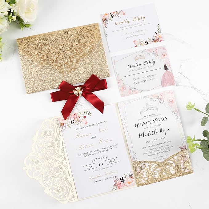 25pcs Gold Glitter Laser Cut Invitations Tri-Fold Blank Personalized Wedding - Image 6