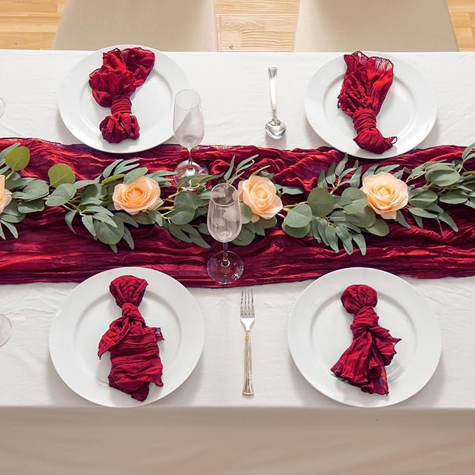 8 Pack 10Ft Table Runner 35x120 inch Burgundy Boho Gauze Table Cheese Cloth - Image 3