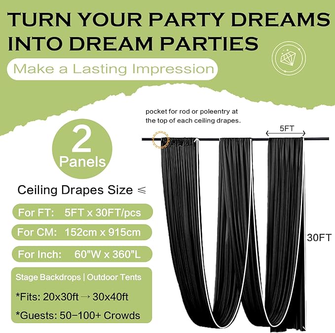 PartyVillage 2 Panels 5ftx30ft Black Ceiling Drapes - Image 7