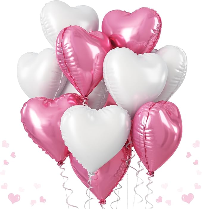 Heart Foil Balloons, 18 Inch White & Pink Heart Shape Mylar Balloons by TAOYE
