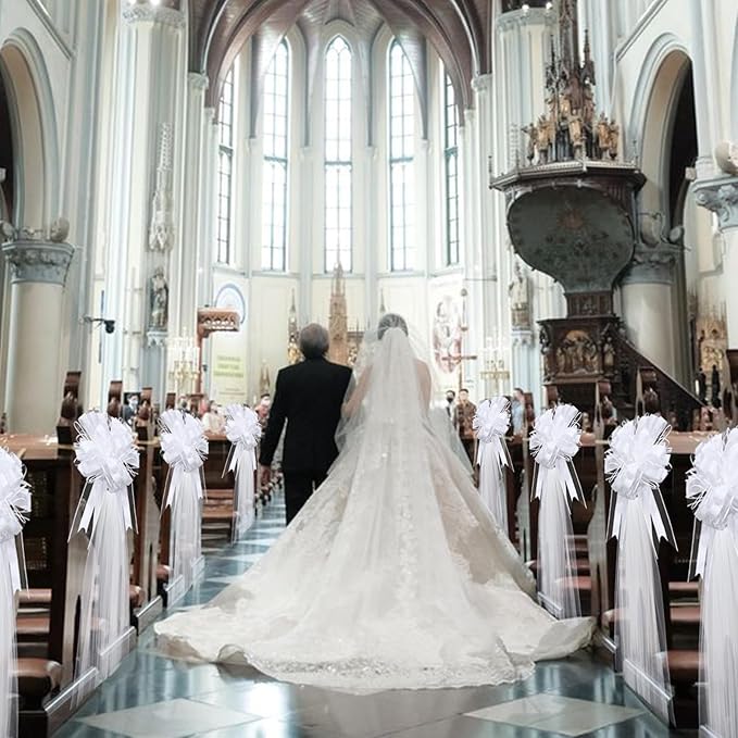 30 Set Wedding Pew Bows with Long Tulle Tails Wedding Aisle Decorations Church - Image 4