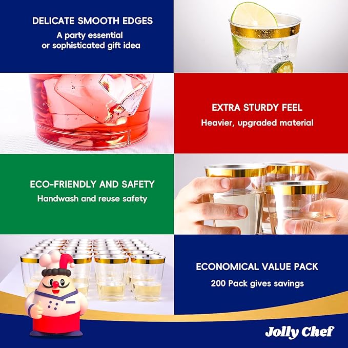 JOLLY CHEF 200 Pack 12 oz Gold Plastic Cups Elegant Gold Rimmed Disposable Cups - Image 3
