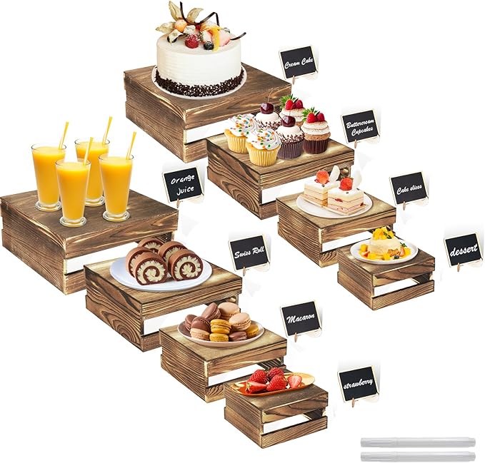 8 Pcs Buffet Risers with Mini Signs, Rustic Wood Cake Stands, Food Risers by Cecnamt
