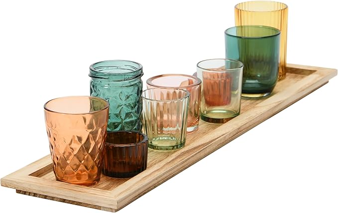 Creative Co-Op Round Glass Votive Holders on Wood Tray - Image 9