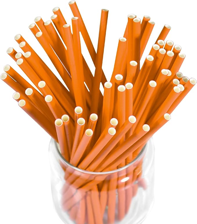 7.75 inch Solid Orange Paper Drinking Straws Unwrapped 100 Counts - Image 2