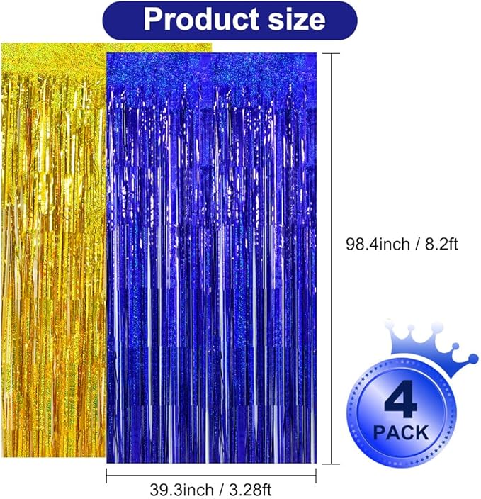 BEISHIDA 4 Pcs Blue and Gold Party Streamers Fringe Foil Curtain Backdrop - Image 2