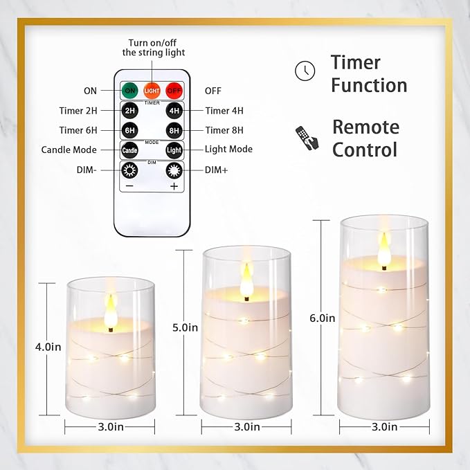 NURADA Flickering Flameless Candles: Built-in Star String Lights Acrylic 3D - Image 6