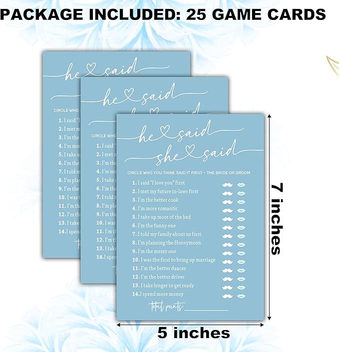 Minimalist Bridal Shower Games, Light Blue He Said She Said Game, 30 Wedding - Image 2