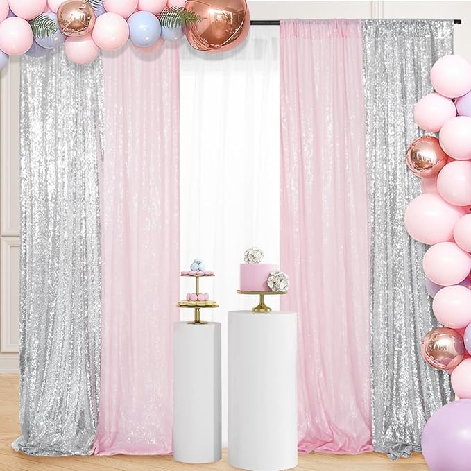 Juya Delight 4 Panels Silver&Pink Sequin Backdrop Curtain 2FTx8FT Glitter - Image 5