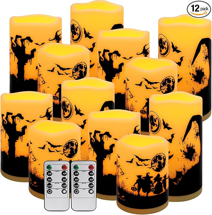 12-Pack Halloween-Flameless Led Pillar Candles，Remote Control and Timer by TLNFHRPI