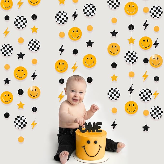 One Happy Dude 1st Birthday Decorations Black Yellow Smile Face Lightning Star - Image 4