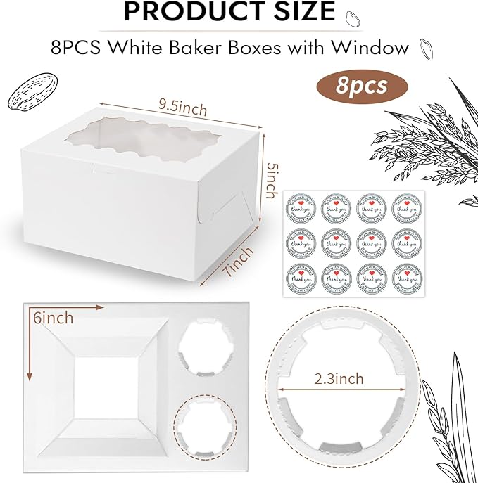 JCD 8 Packs Bento Cake and Cupcake Box 3 Holes Fit 2 Cupcakes and 1 Mini Cake - Image 2