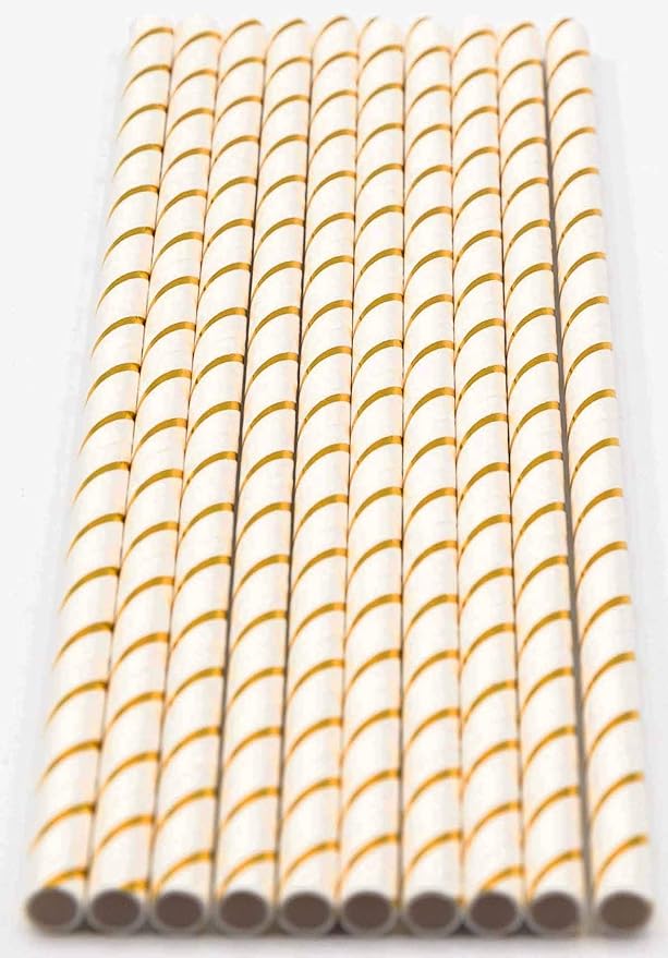 Pack of 300 Gold Foil Stripes Biodegradable 4-Ply Paper Drinking Straws - Image 2