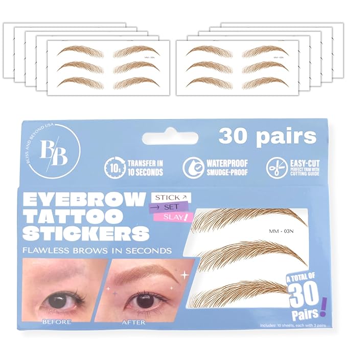 Bliss and Beyond USA Eyebrow Tattoo Stickers Waterproof – 30-Pair Deluxe Box | by BlissandBeyondUSA