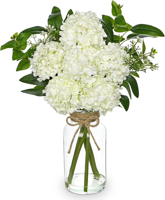 Hollyone White Hydrangea Artificial Flowers in Clear Glass Vase by Hollyone