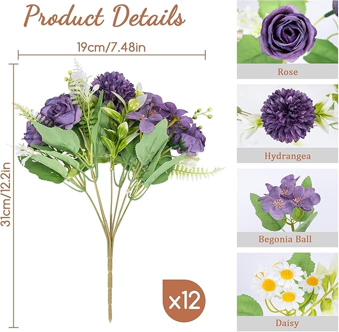 12 Packs Peonies Artificial Flowers, Silk Artificial Peonies Flowers Fake Peony - Image 3