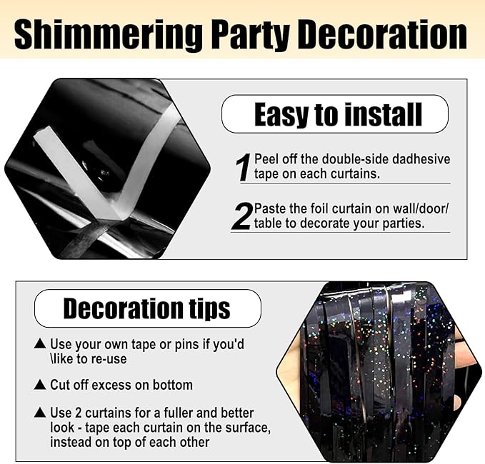 6 Pack Black Foil Fringe Curtain Backdrop, 3.28Ft x 8.2Ft Metallic Tinsel Foil - Image 3