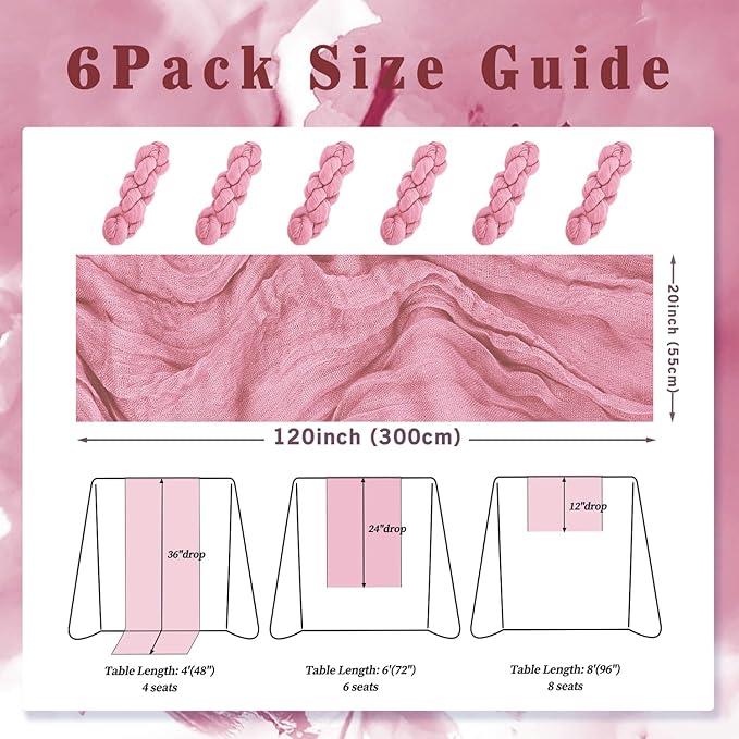 6 Pack Dusty Rose 10FT Cheesecloth Table Runner 20 x 120 Inch Long Rustic Gauze - Image 2
