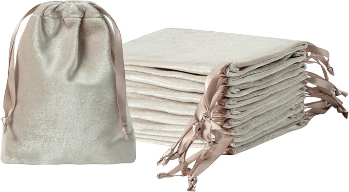 QIANF 12pcs Light Champagne Velvet Drawstring Bags 3x4 inches Glossy Small by QIANF