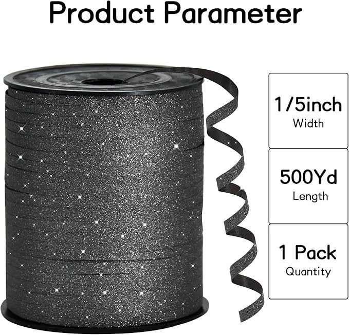 BEISHIDA 500 Yards Black Glitter Ribbon Curling Crimped, Glitter Ribbon Balloon - Image 2