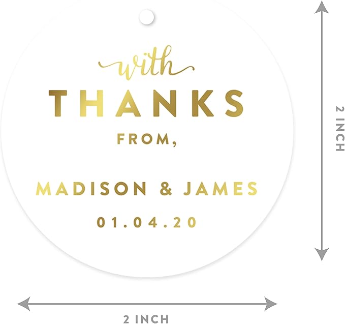 Andaz Press Personalized Round Circle Wedding Gift Tags, Metallic Gold Ink - Image 3