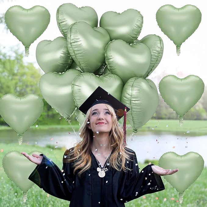 Sage Green Heart Foil Balloon, Light Green Heart Shaped Mylar Balloons - Image 8