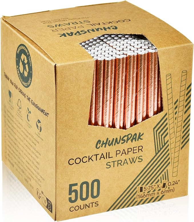 Rose Gold Paper Cocktail Straws, 5.75 inch, Disposable Short Small Drinking by chunspak