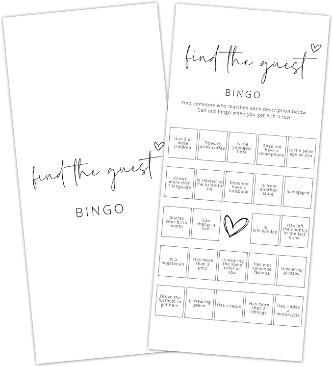 Bridal Shower Games, Find The Guest Bingo, Wedding Shower Games by Tsunerrorami