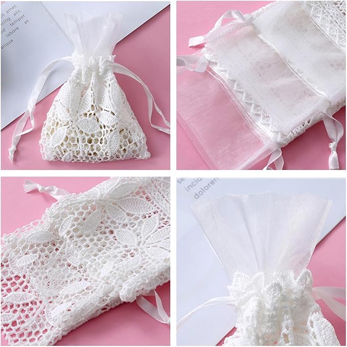 Petunny 6Pcs White Lace Drawstring Bags, Cotton Drawstring Gift Bags - Image 3
