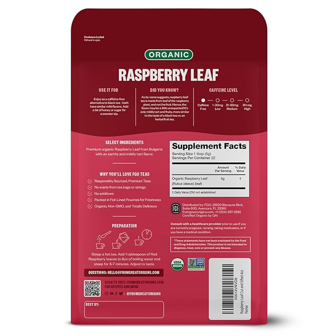 FGO Organic Red Raspberry Loose Leaf Herbal Tea, Cut and Sifted, Caffeine Free - Image 3