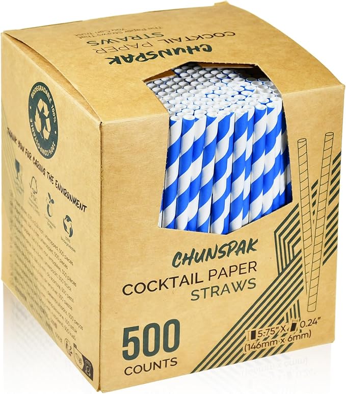 5.75 inch Blue/White Striped Paper Straws & Stirrer Sticks 500 Counts, by chunspak